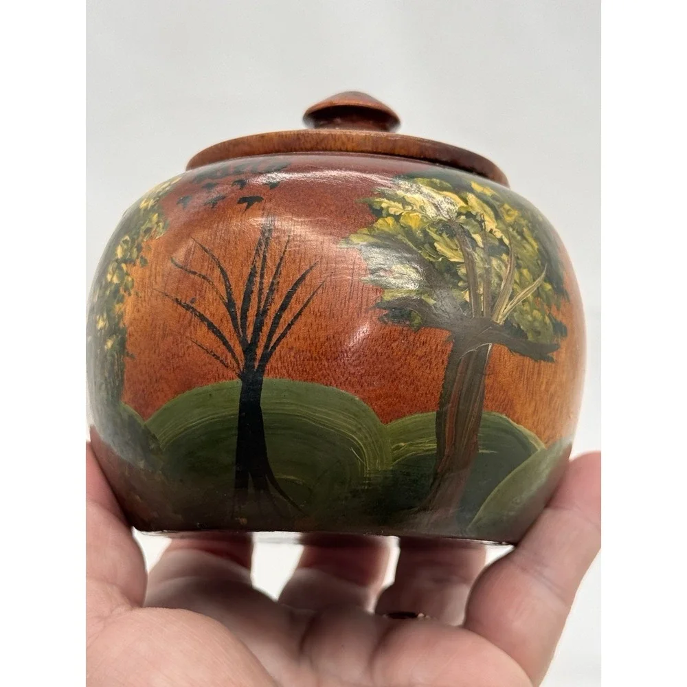 Hand Crafted & Painted Wooden Trinket Box, Spice Jar w/ Lid Folk‎ Art from HAITI